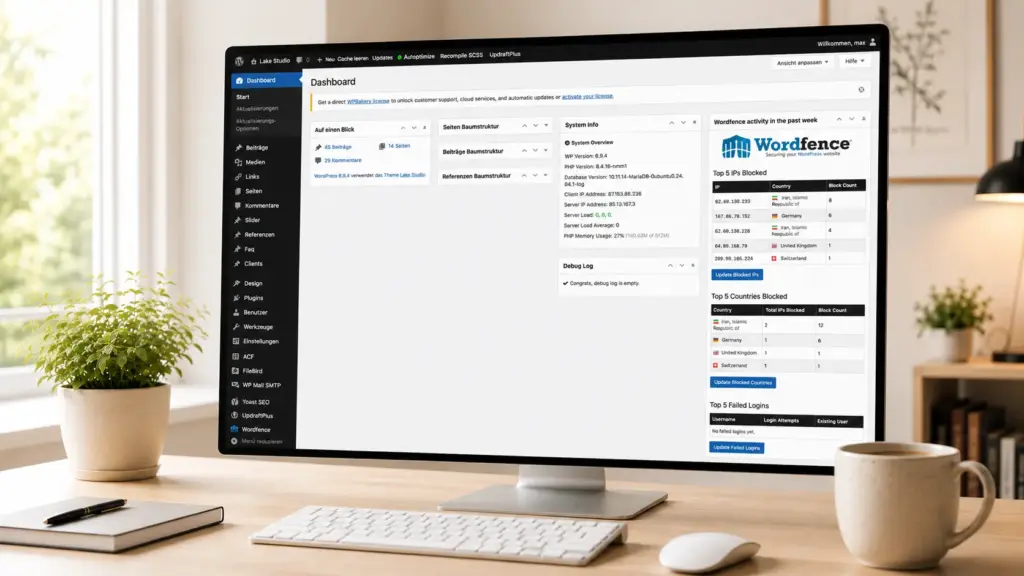 WordPress-Dashboard mit Uptime-Monitor, Backup-Status und Plugin-Updates – WordPress Wartung von Lake Studio