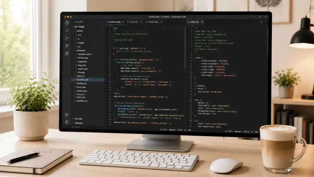VS Code Editor mit geöffnetem WordPress-Theme-Ordner – functions.php, style.css und Template-Dateien sichtbar – Webdesign Service von Lake Studio